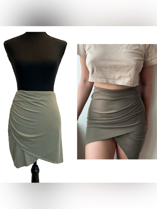 Revamped Dresses & Skirts - Olive Sage green ruched asymmetrical Wrap Mini Skirt Sz XL